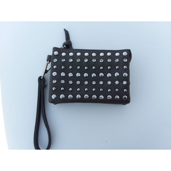 Charming Charlie Wristlet Clutch Purse Silver Stud Rhinestone Gray Faux Leather - Picture 1 of 11
